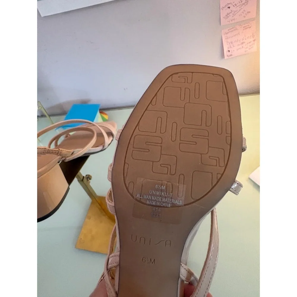 Unisa Sandals Strappy Beige Patent Block Heel Minimalist 6.5M